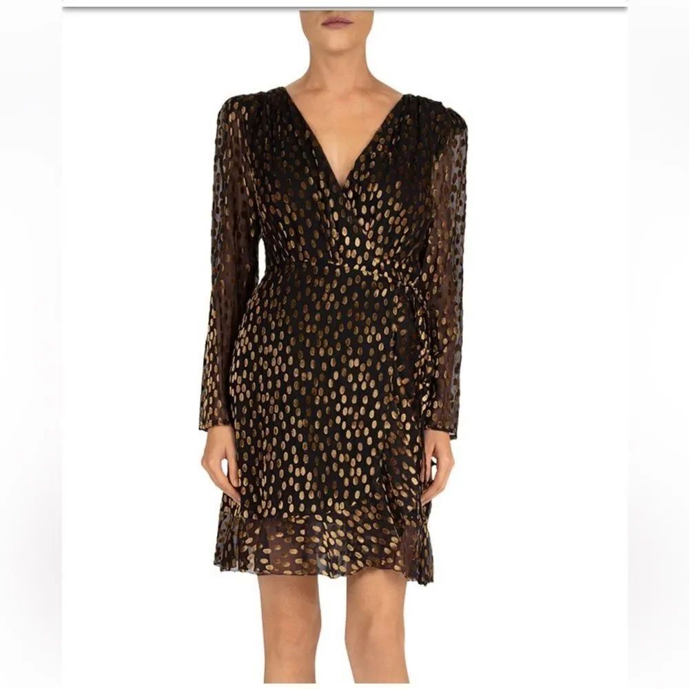 The Kooples Metallic Dot Devore Mini Wrap Dress In Black/gold 2